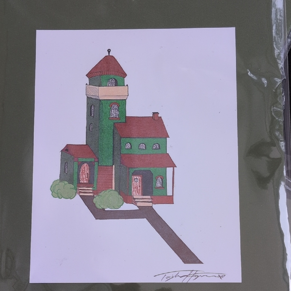 " Hestia".Charming Green and Red Illustrated House Art Print 5x7